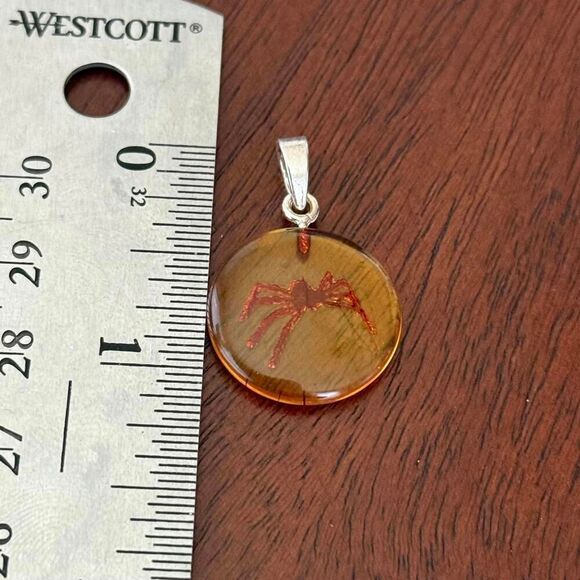 Natural Baltic Amber Spider Etched Pendant Necklace Sterling - Picture 3 of 4